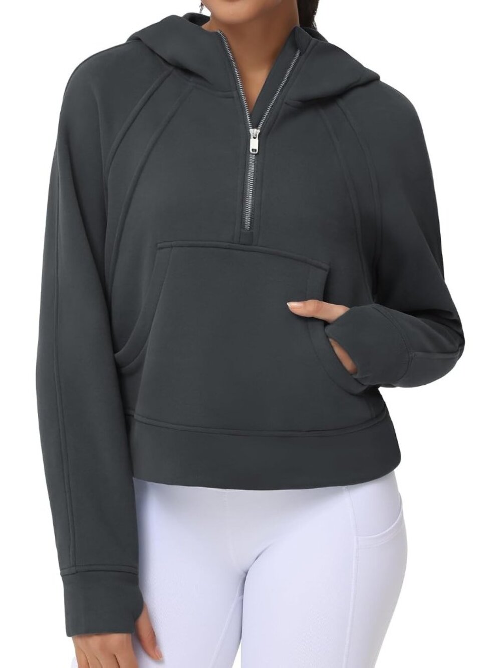 Women's Dark Grey Fleece Lined Half Zip Thumb Hole Cropped Pullover Sweatshirt